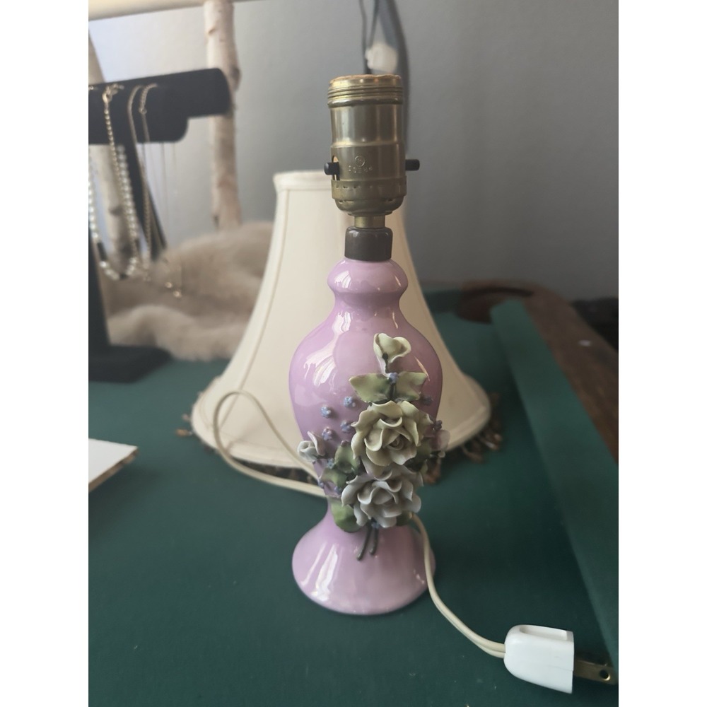 Lamp German Pink Porcelain Floral Elfinware Empire Beaded Tassel Shade Working